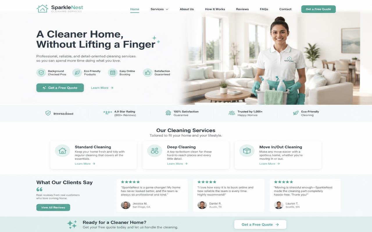 Light, modern cleaning company website designed by La Senda